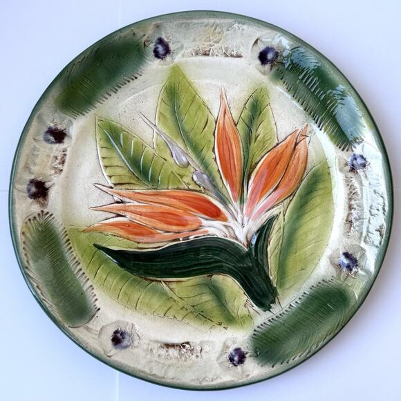 Kani of Hawaii Majolica Pottery Bird of Paradise Flower Plate - 10 1/2" Kona - Picture 1 of 6